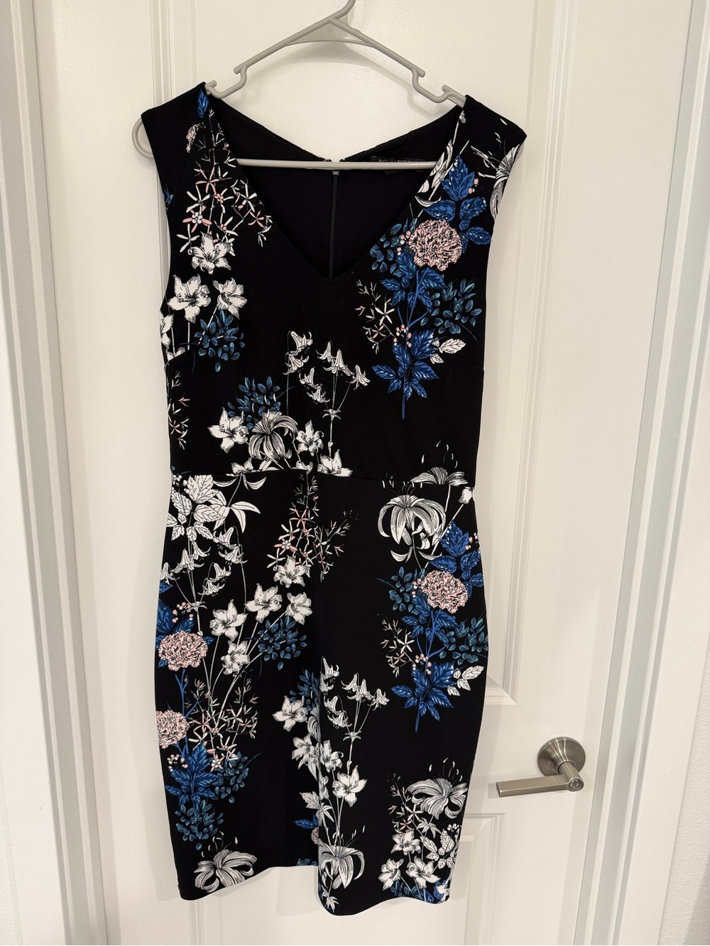 Banana Republic Black Midi Dress with Blue, White & Pink Floral Pattern